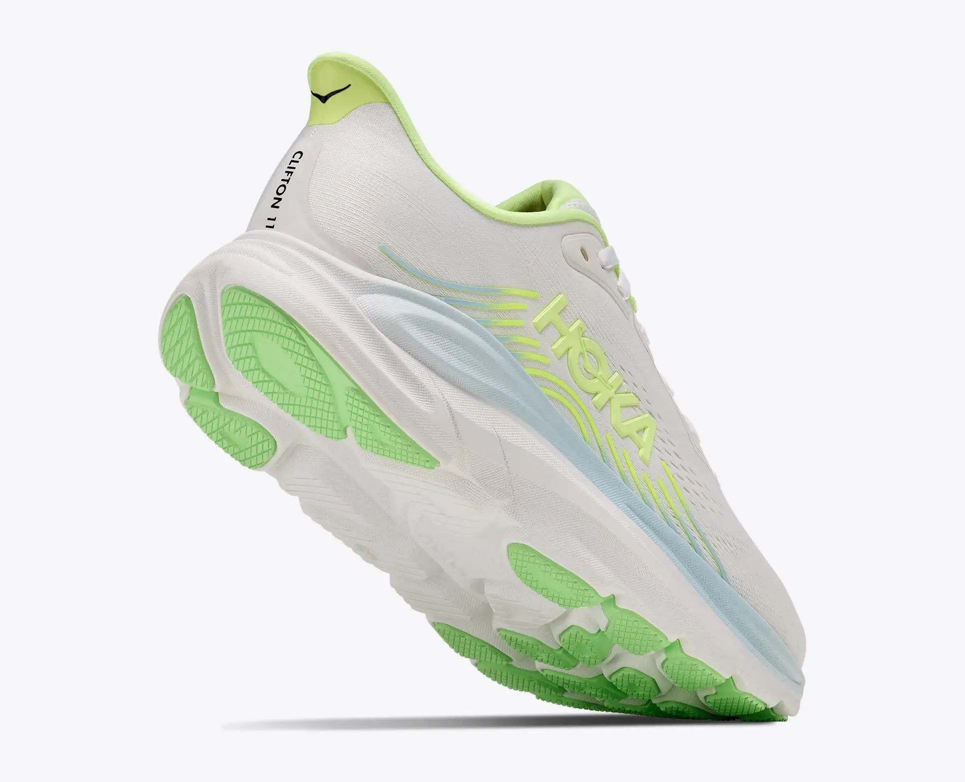 hoka clifton 11 womens, lightweight cushioned road running and walking shoe, white shoe with neon green and light blue details, heel and underfoot of shoe