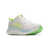 hoka clifton 11 womens, lightweight cushioned road running and walking shoe, white shoe with neon green and light blue details, side angled profile of shoe