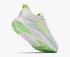 hoka clifton 11 womens, lightweight cushioned road running and walking shoe, white shoe with neon green and light blue details, heel and underfoot of shoe
