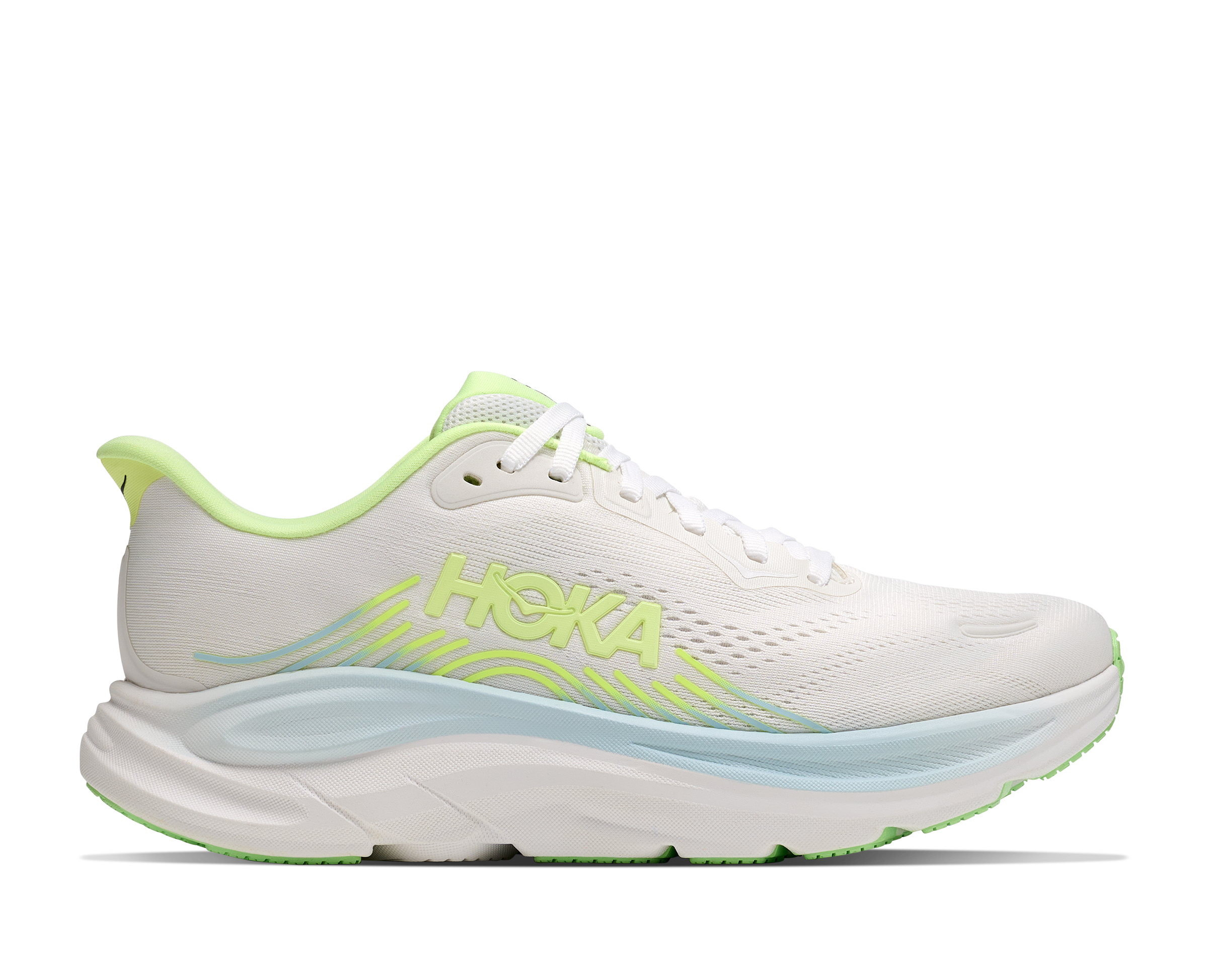 hoka clifton 11 womens, lightweight cushioned road running and walking shoe, white shoe with neon green and light blue details, side profile of shoe
