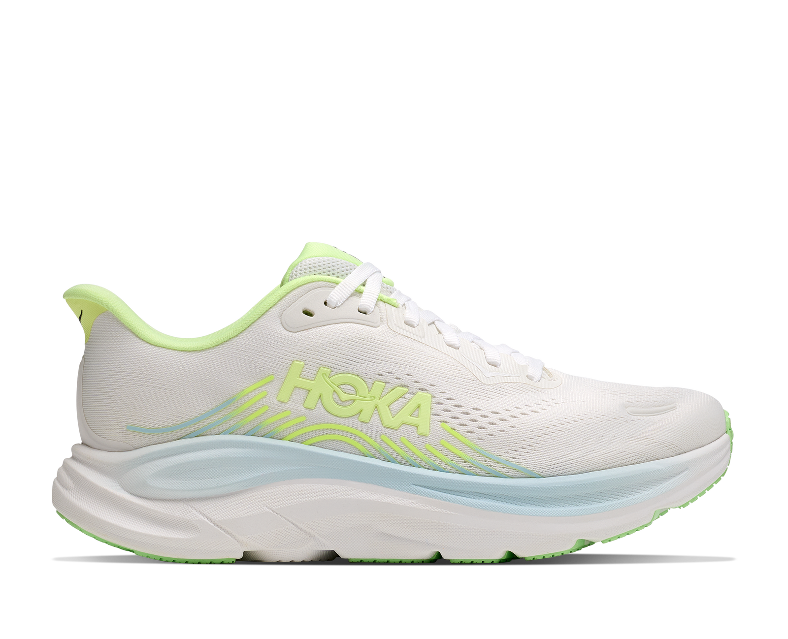 hoka clifton 11 womens, lightweight cushioned road running and walking shoe, white shoe with neon green and light blue details, side profile of shoe