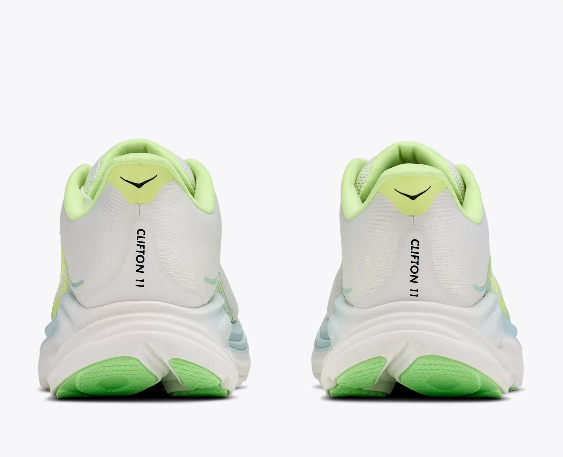 hoka clifton 11 womens, lightweight cushioned road running and walking shoe, white shoe with neon green and light blue details, heels of shoes