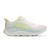 hoka clifton 11 womens, lightweight cushioned road running and walking shoe, white shoe with neon green and light blue details, side profile of shoe