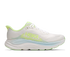 hoka clifton 11 womens, lightweight cushioned road running and walking shoe, white shoe with neon green and light blue details, side profile of shoe
