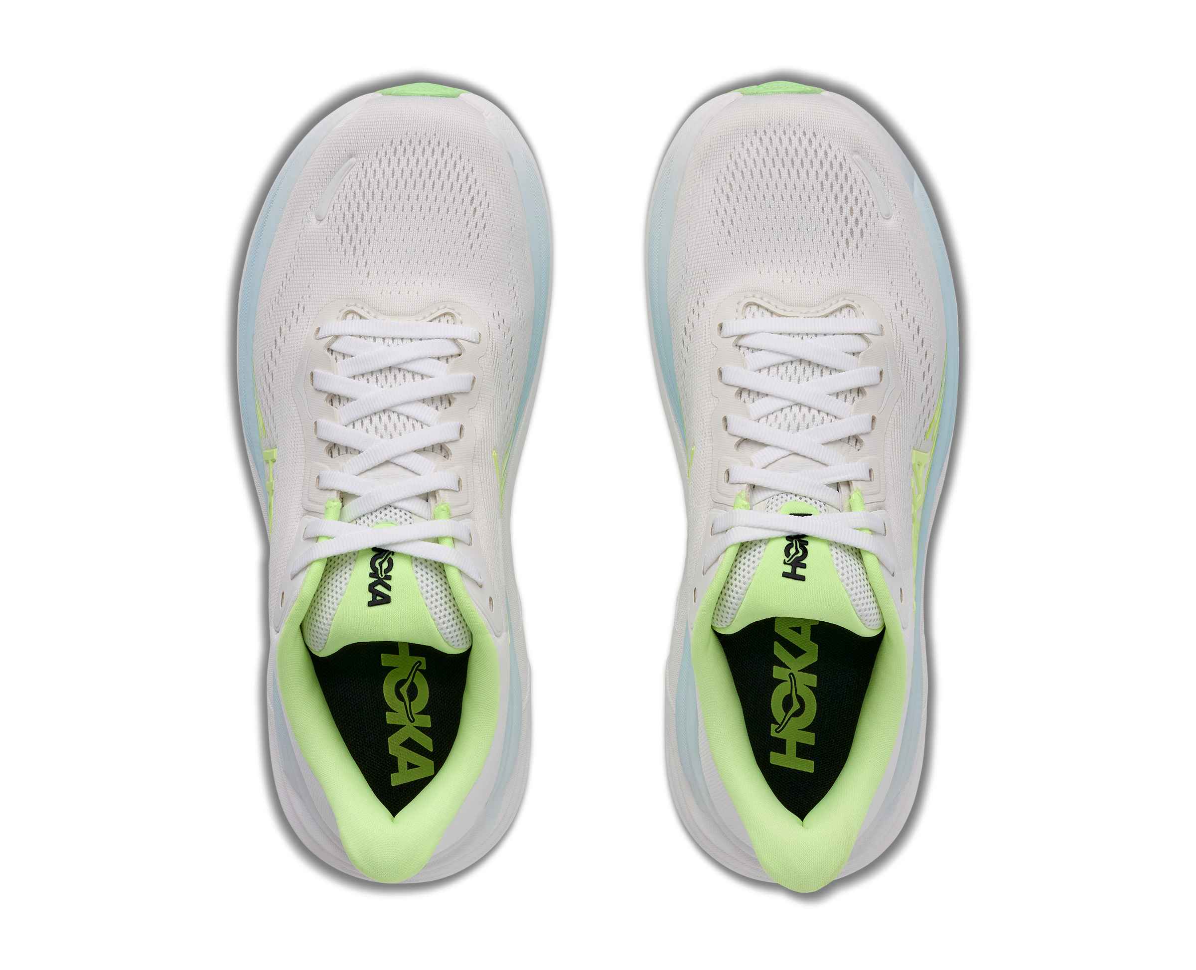 hoka clifton 11 womens, lightweight cushioned road running and walking shoe, white shoe with neon green and light blue details, top of shoe