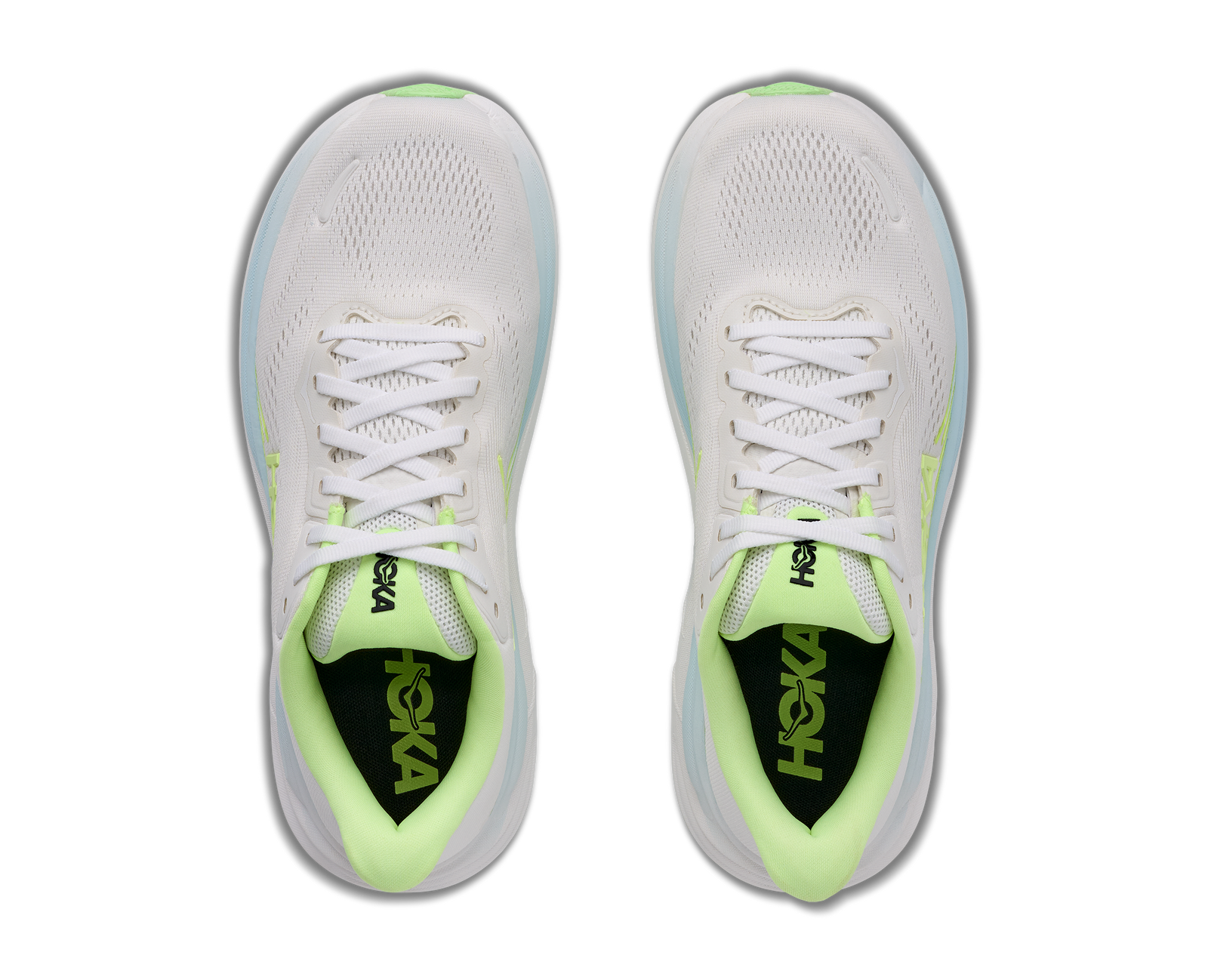 hoka clifton 11 womens, lightweight cushioned road running and walking shoe, white shoe with neon green and light blue details, top of shoe