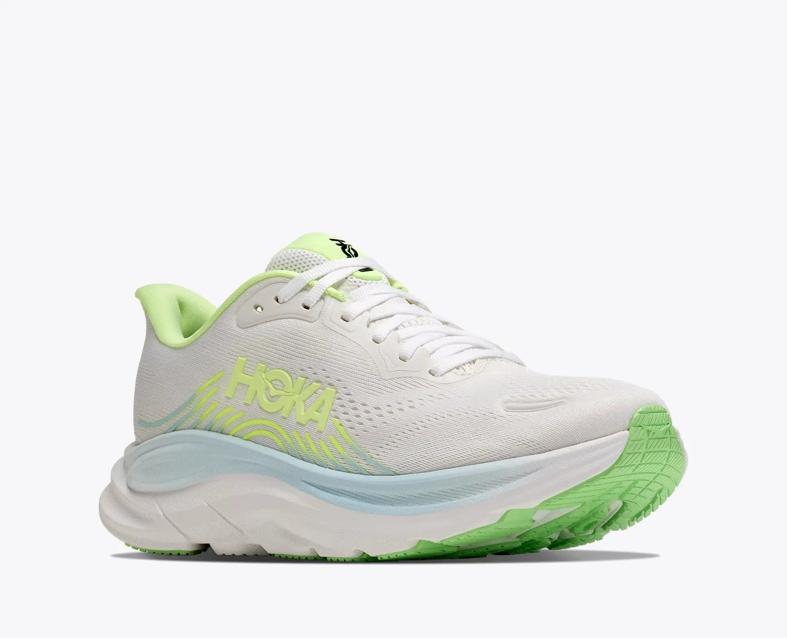 hoka clifton 11 womens, lightweight cushioned road running and walking shoe, white shoe with neon green and light blue details, outside angled profile of shoe
