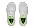 hoka clifton 11 womens, lightweight cushioned road running and walking shoe, white shoe with neon green and light blue details, top of shoe