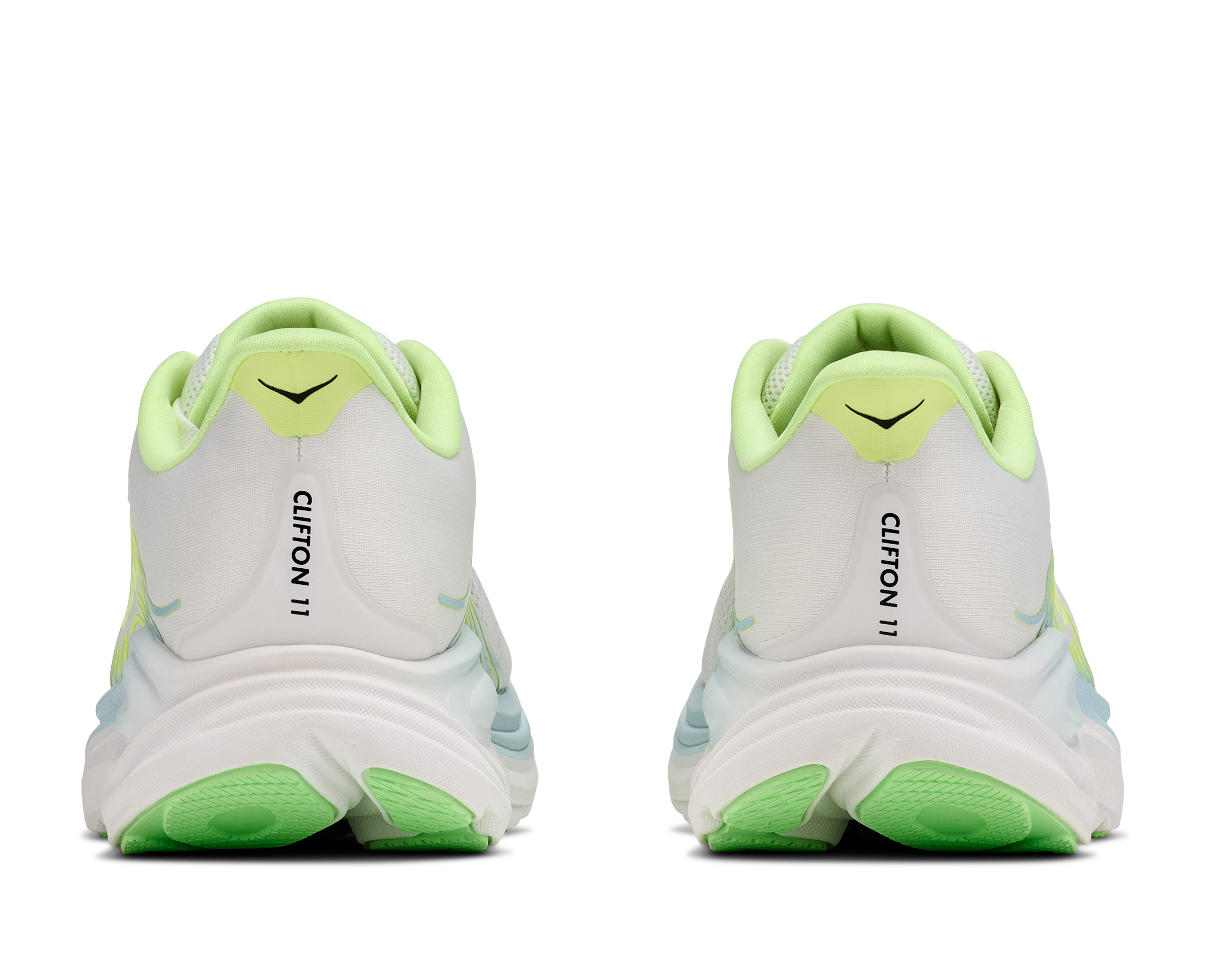 hoka clifton 11 womens, lightweight cushioned road running and walking shoe, white shoe with neon green and light blue details, heels of shoe
