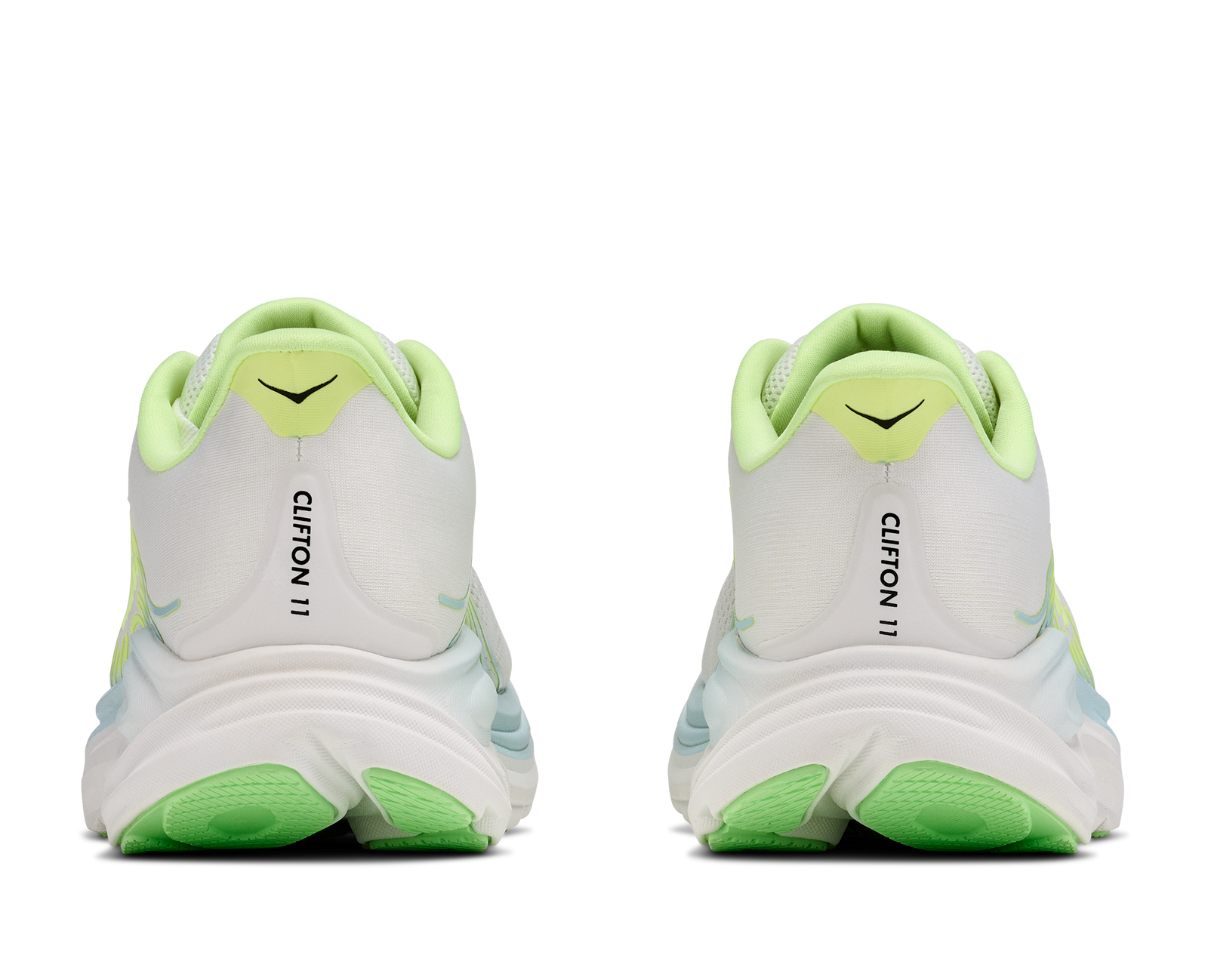 hoka clifton 11 womens, lightweight cushioned road running and walking shoe, white shoe with neon green and light blue details, heels of shoe
