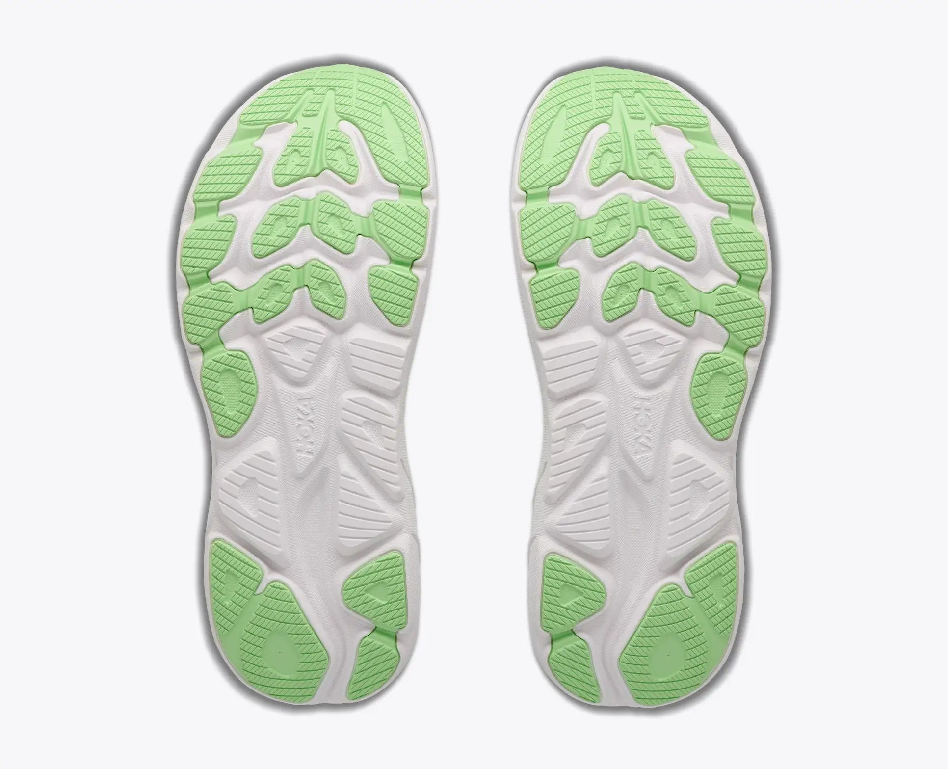 hoka clifton 11 womens, lightweight cushioned road running and walking shoe, white shoe with neon green and light blue details, sole of shoes
