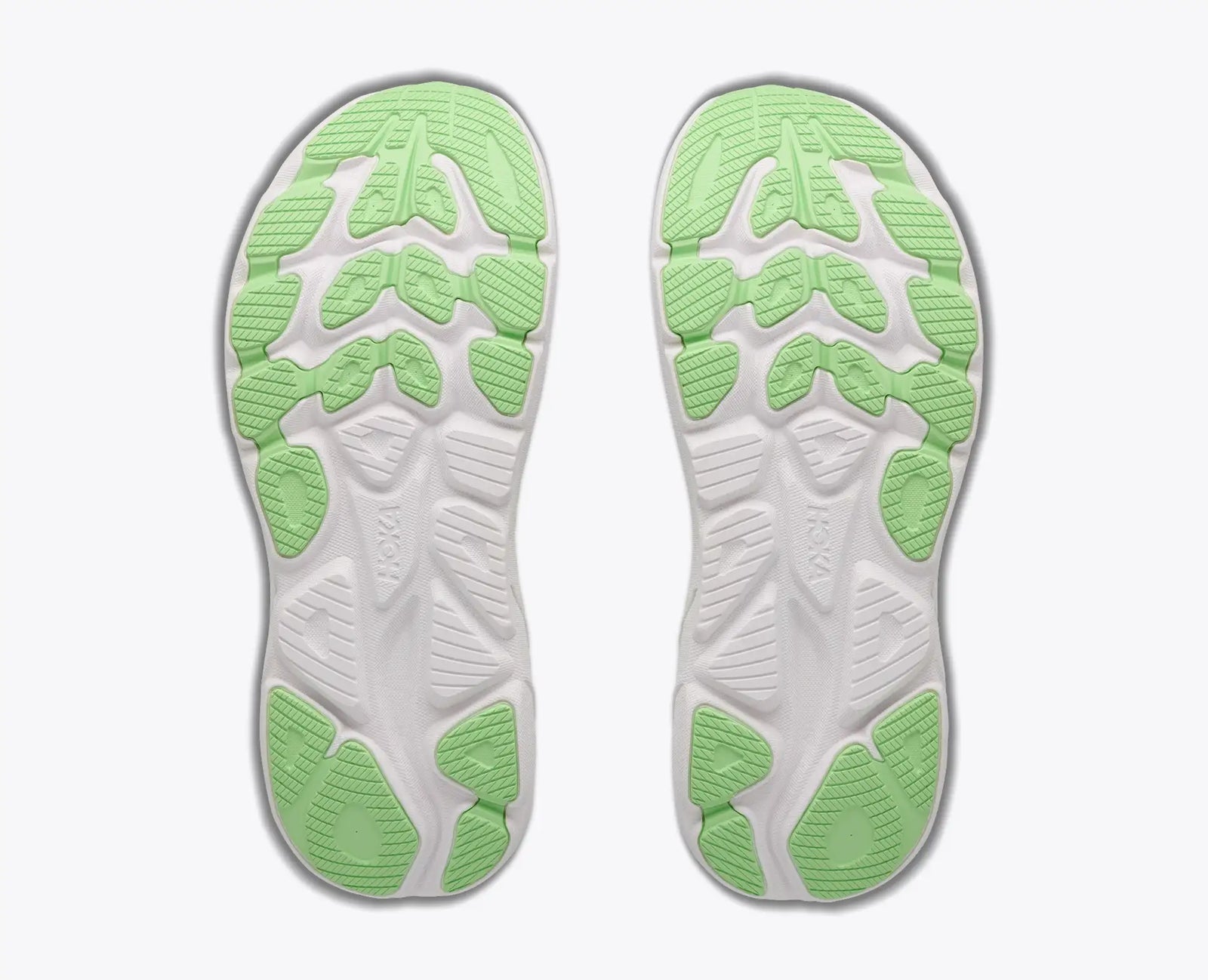 hoka clifton 11 womens, lightweight cushioned road running and walking shoe, white shoe with neon green and light blue details, sole of shoes