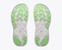 hoka clifton 11 womens, lightweight cushioned road running and walking shoe, white shoe with neon green and light blue details, sole of shoes