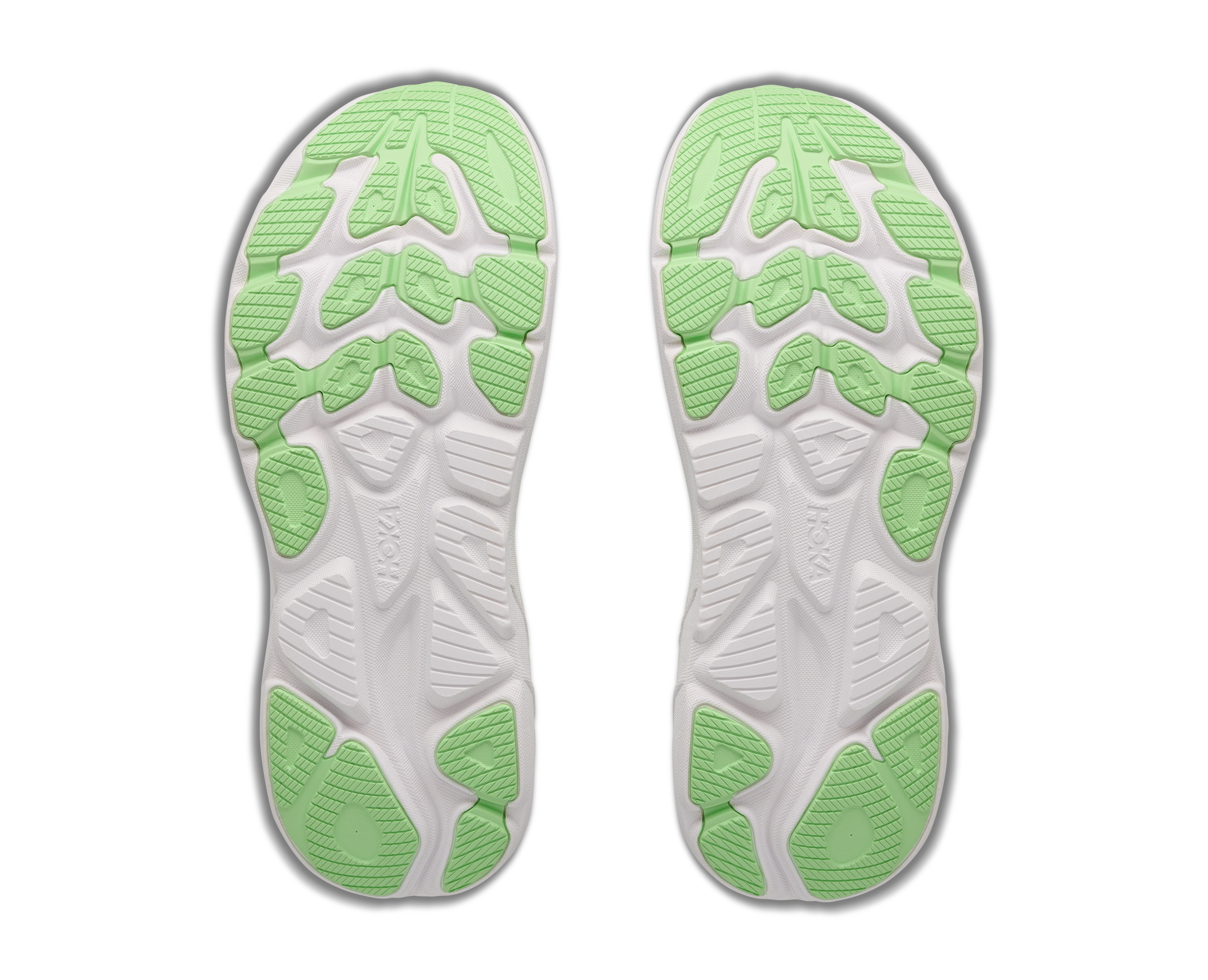 hoka clifton 11 womens, lightweight cushioned road running and walking shoe, white shoe with neon green, sole of shoes