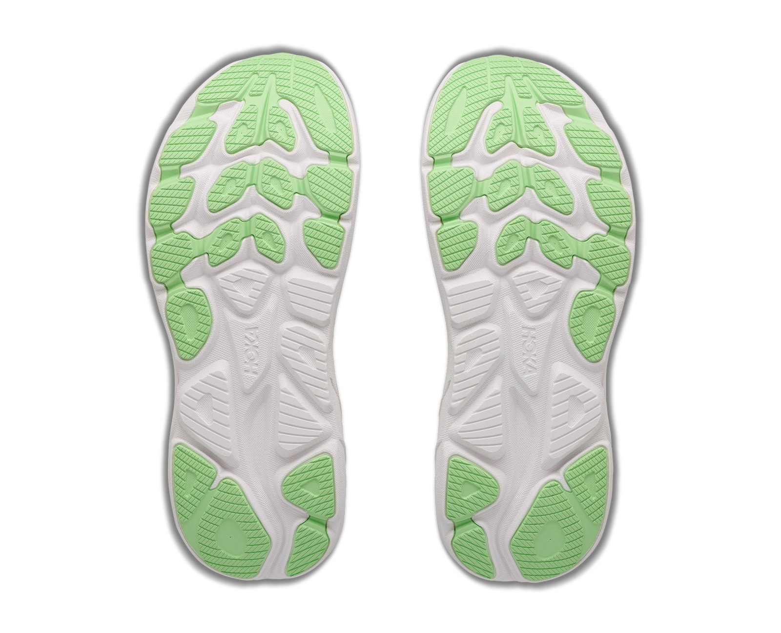 hoka clifton 11 womens, lightweight cushioned road running and walking shoe, white shoe with neon green, sole of shoes