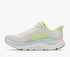 hoka clifton 11 womens, lightweight cushioned road running and walking shoe, white shoe with neon green and light blue details, inside profile of shoes