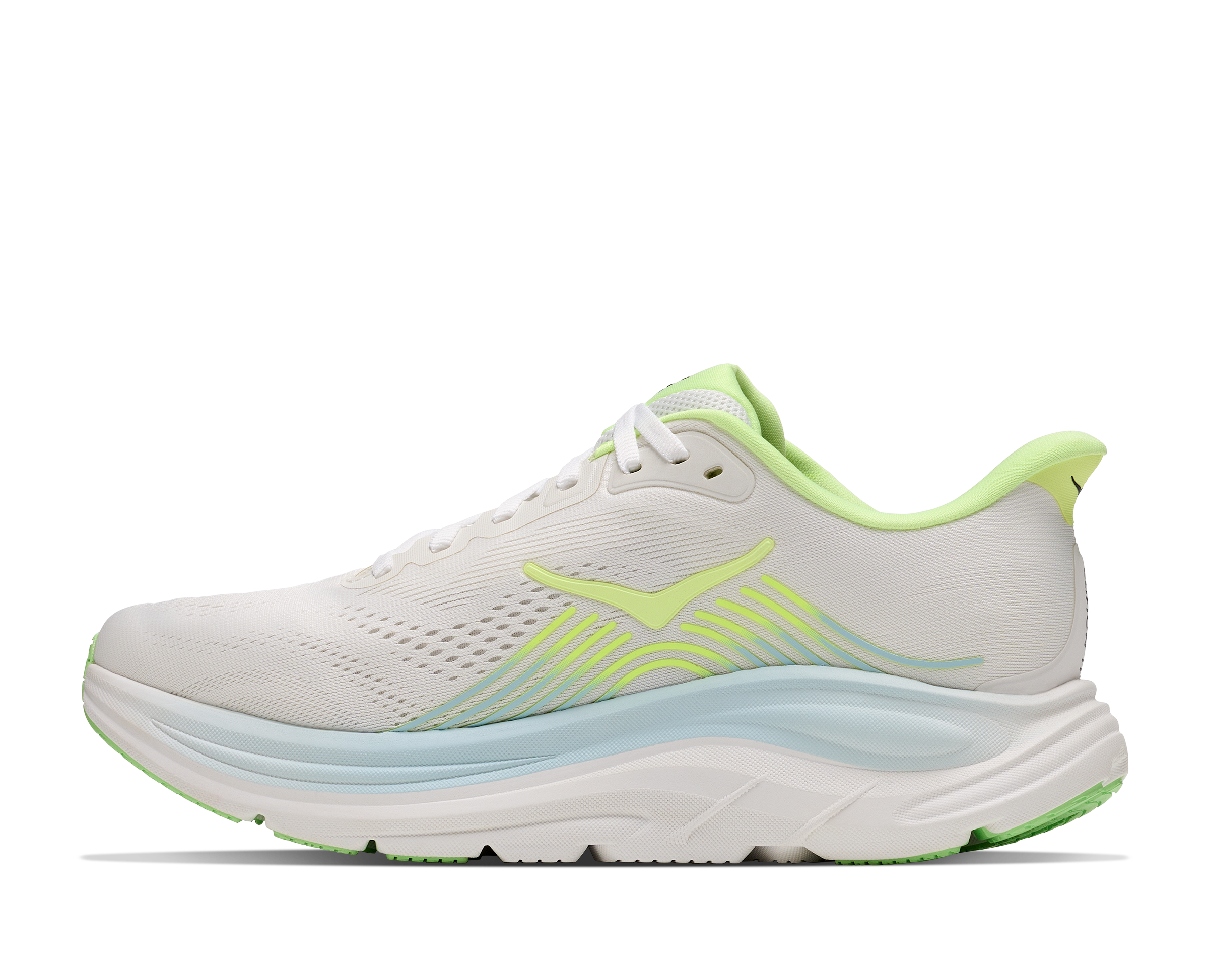 hoka clifton 11 womens, lightweight cushioned road running and walking shoe, white shoe with neon green and light blue details, inside profile of shoe