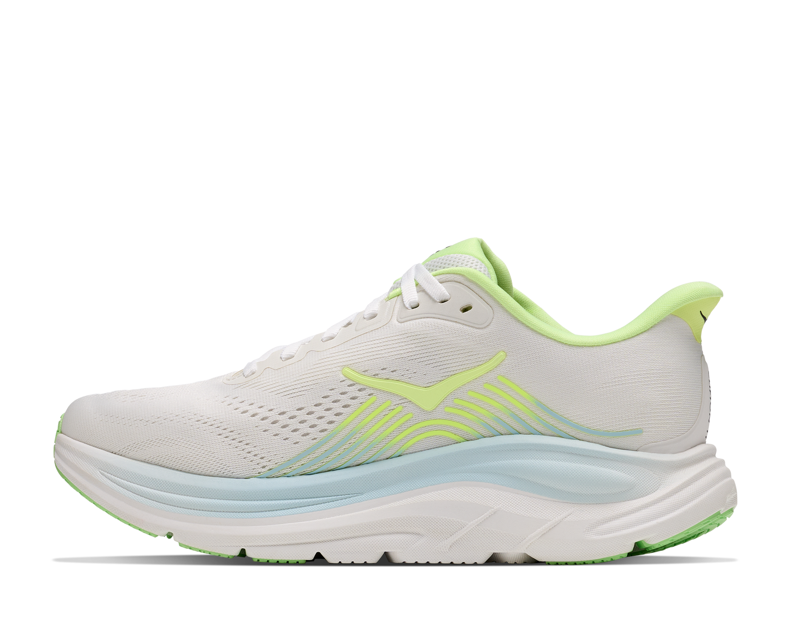 hoka clifton 11 womens, lightweight cushioned road running and walking shoe, white shoe with neon green and light blue details, inside profile of shoe