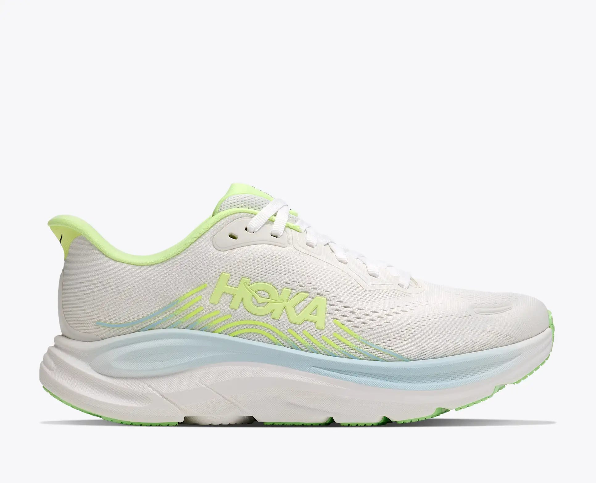hoka clifton 11 womens, lightweight cushioned road running and walking shoe, white shoe with neon green and light blue details, side profile of shoe