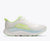 hoka clifton 11 womens, lightweight cushioned road running and walking shoe, white shoe with neon green and light blue details, side profile of shoe