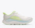 hoka clifton 11 womens, lightweight cushioned road running and walking shoe, white shoe with neon green and light blue details, side profile of shoe