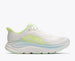 hoka clifton 11 womens, lightweight cushioned road running and walking shoe, white shoe with neon green and light blue details, side profile of shoe