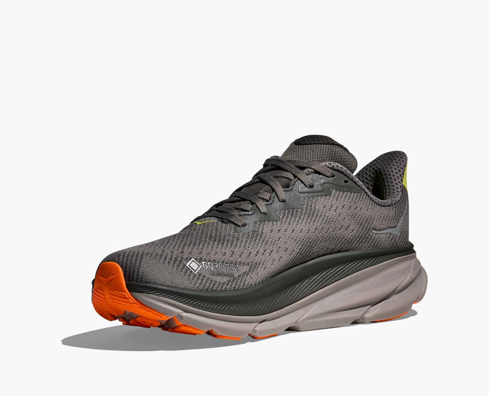 Dark grey hoka mens waterproof running shoe with orange sole gortex logo