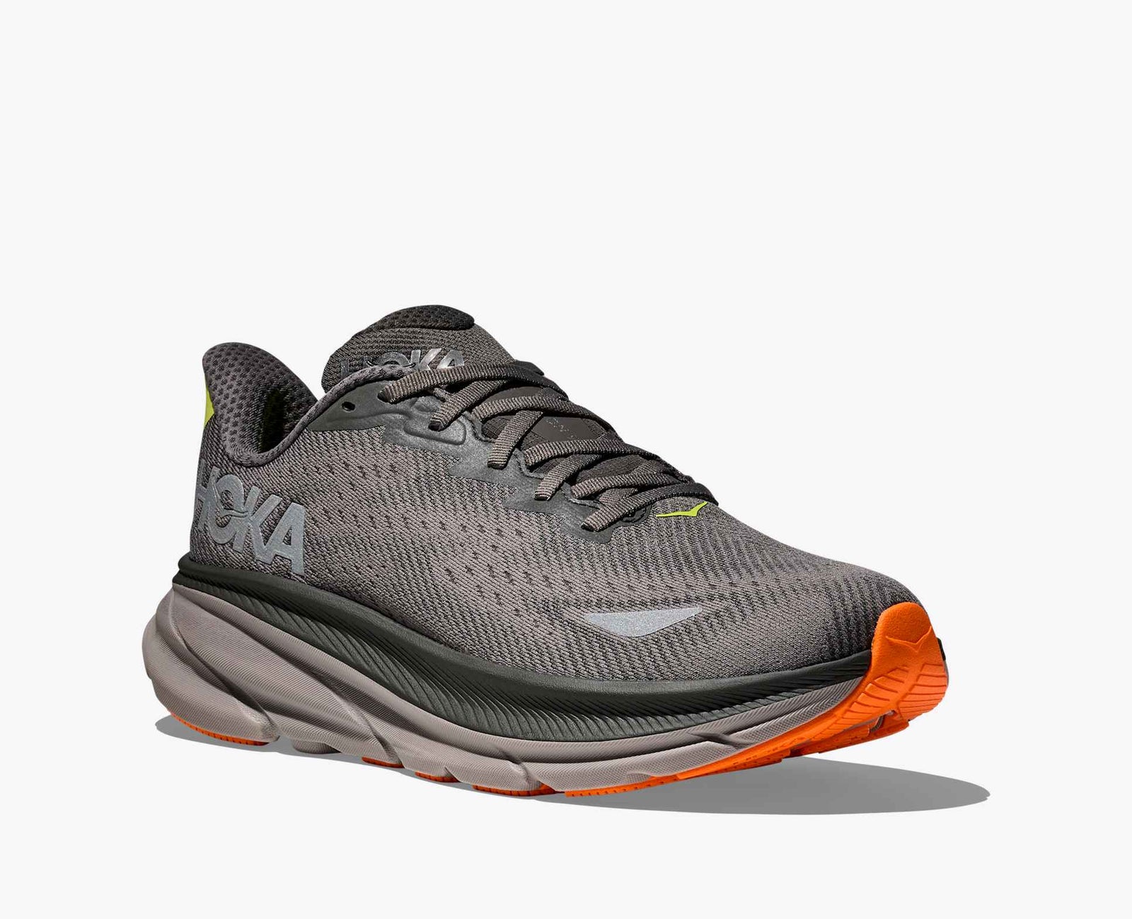Dark grey hoka mens waterproof running shoe with orange sole