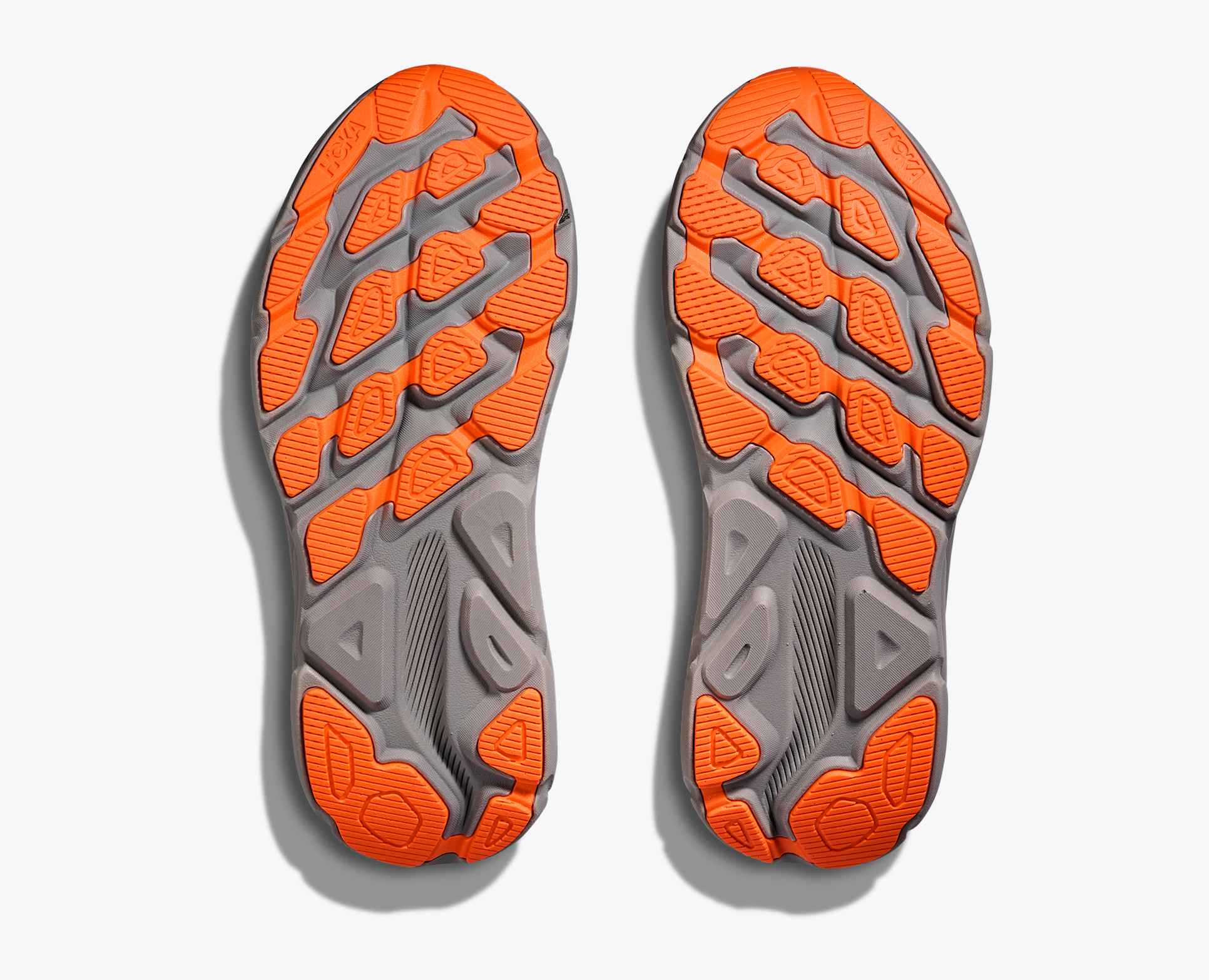Dark grey hoka mens waterproof running shoe with orange and grey sole