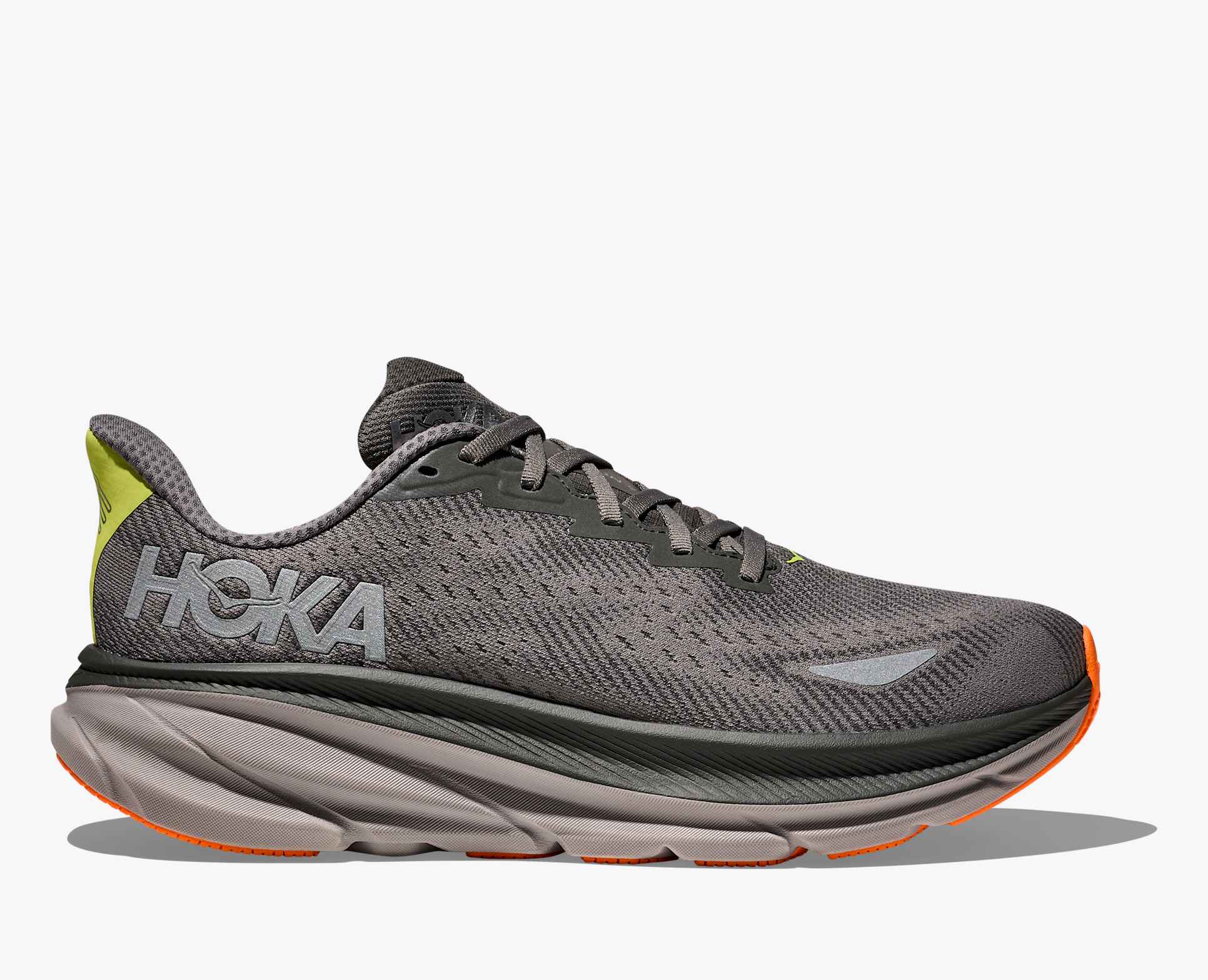 Dark grey hoka mens waterproof running shoe with orange sole