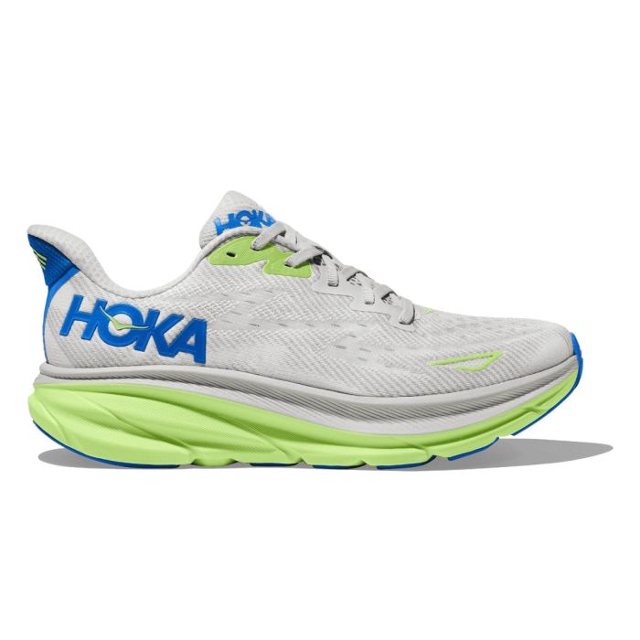 White hoka clifton 9 running shoe with blue and green accents