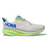 White hoka clifton 9 running shoe with blue and green accents