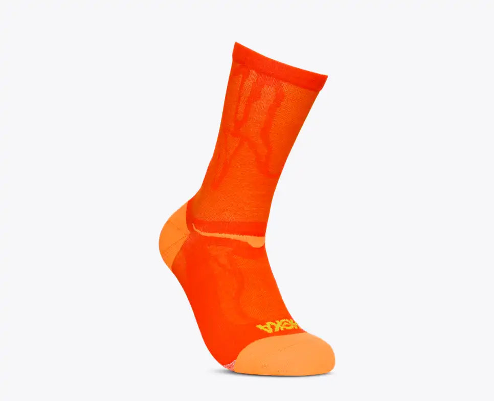 hoka clifton run sock unisex, cushioned ventilated sock, orange colour, side profile of sock