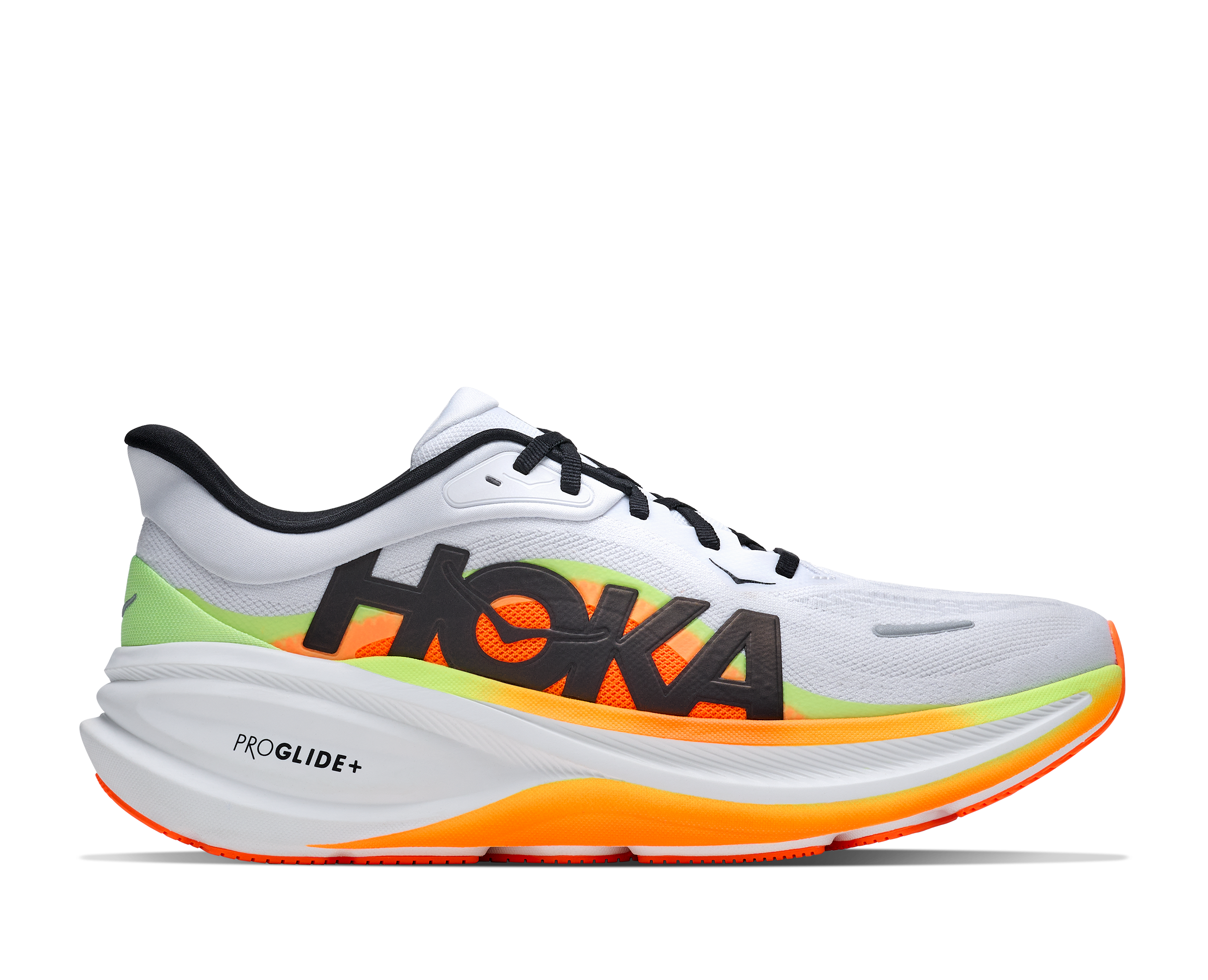 hoka clifton pro mens, responsive soft cushioned daily running shoe for faster paces, white shoe with neon orange and yellow details and black hoka logo, side profile of shoe