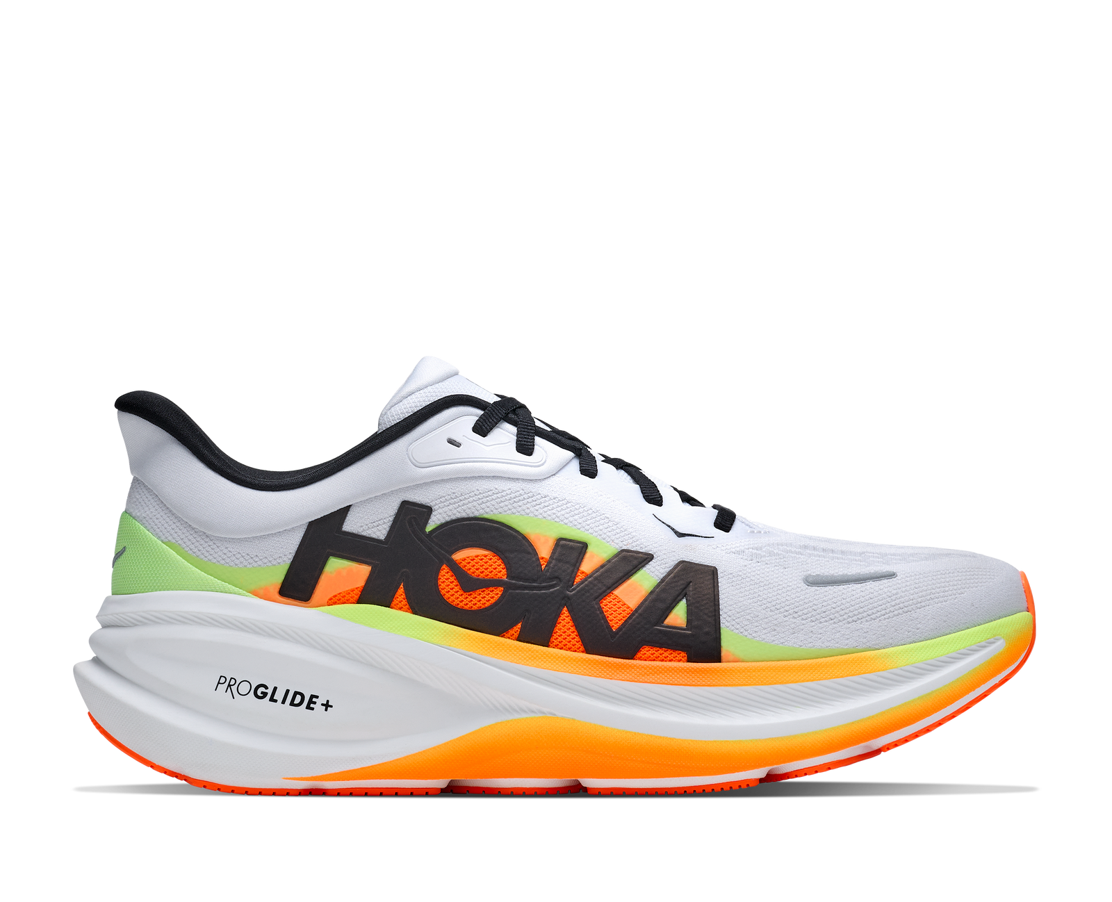 hoka clifton pro mens, responsive soft cushioned daily running shoe for faster paces, white shoe with neon orange and yellow details and black hoka logo, side profile of shoe