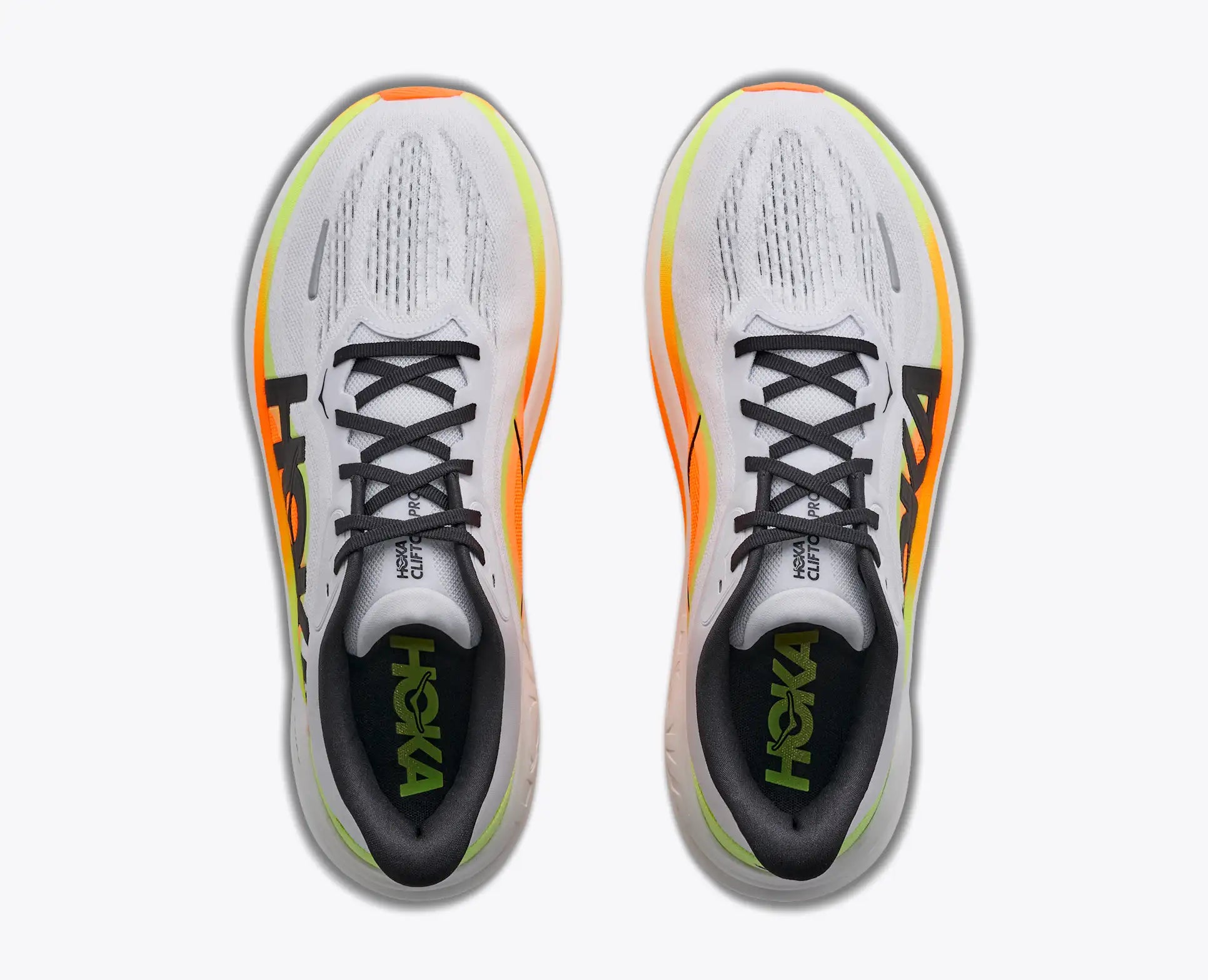 hoka clifton pro mens, responsive soft cushioned daily running shoe for faster paces, white shoe with neon orange and yellow details and black hoka logo, top view of shoe