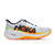hoka clifton pro mens, responsive soft cushioned daily running shoe for faster paces, white shoe with neon orange and yellow details and black hoka logo, side profile of shoe