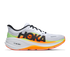 hoka clifton pro mens, responsive soft cushioned daily running shoe for faster paces, white shoe with neon orange and yellow details and black hoka logo, side profile of shoe