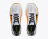 hoka clifton pro mens, responsive soft cushioned daily running shoe for faster paces, white shoe with neon orange and yellow details and black hoka logo, top view of shoe