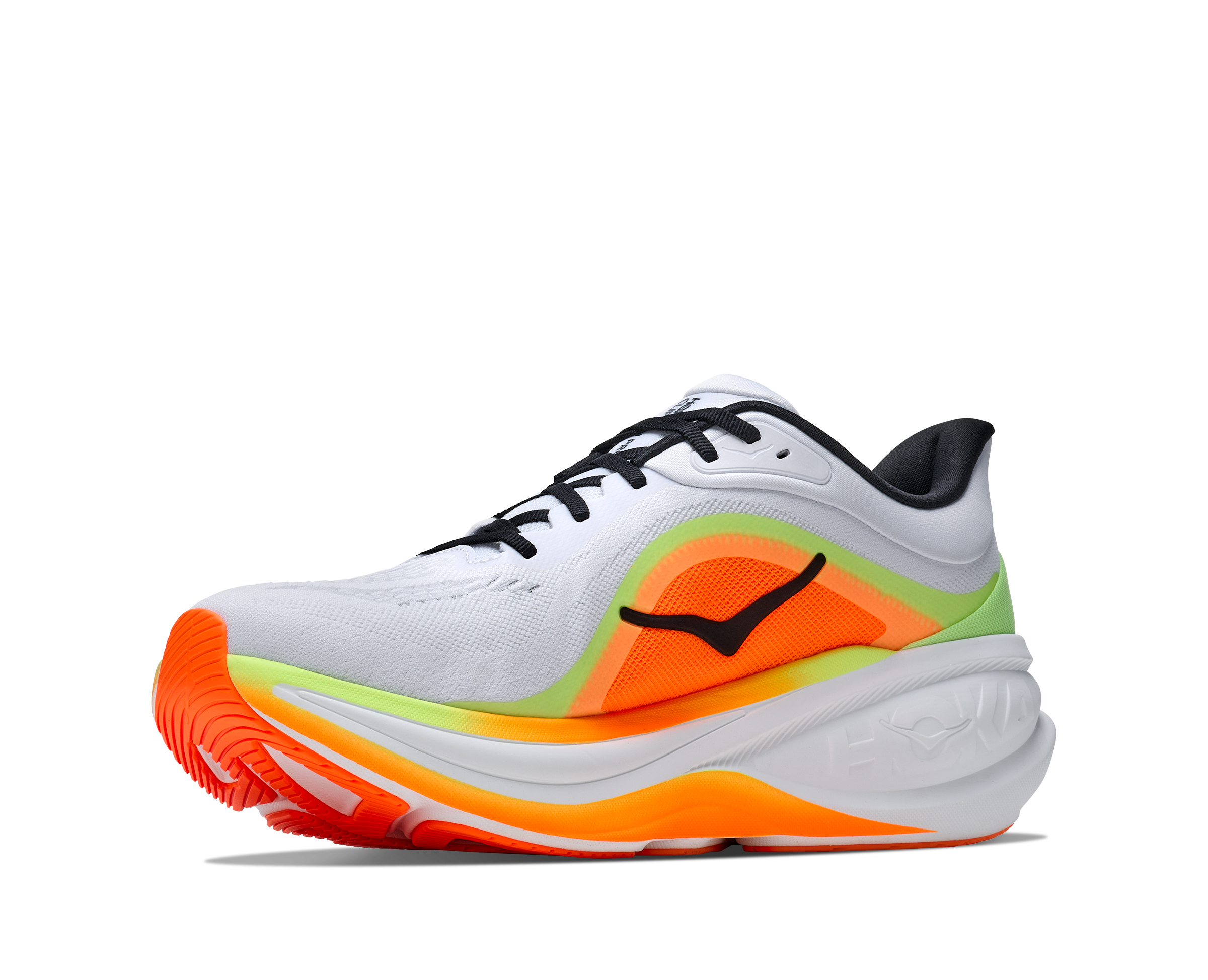 hoka clifton pro mens, responsive soft cushioned daily running shoe for faster paces, white shoe with neon orange and yellow details and black hoka logo, inside profile of shoe