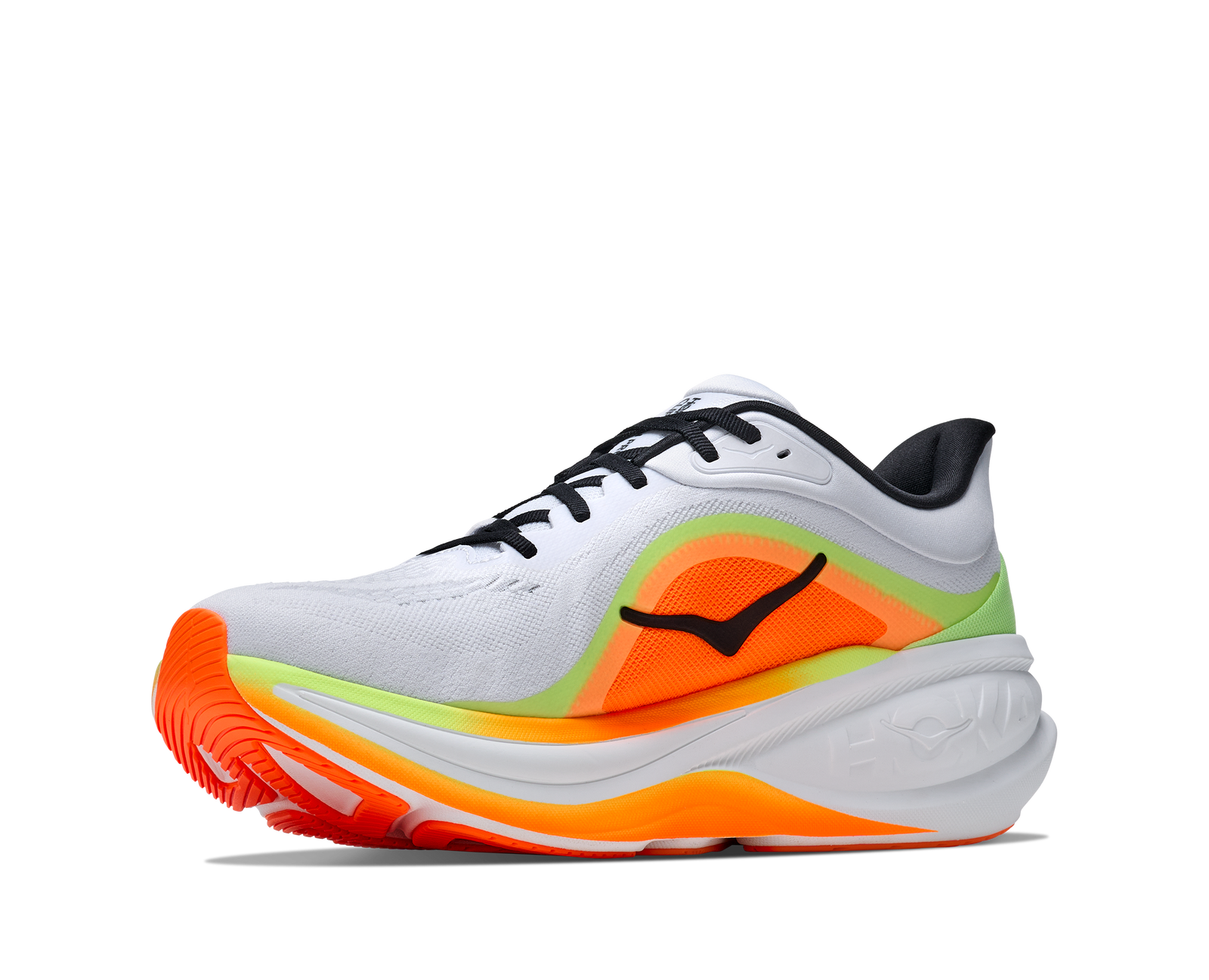 hoka clifton pro mens, responsive soft cushioned daily running shoe for faster paces, white shoe with neon orange and yellow details and black hoka logo, inside profile of shoe