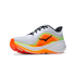 hoka clifton pro mens, responsive soft cushioned daily running shoe for faster paces, white shoe with neon orange and yellow details and black hoka logo, inside profile of shoe