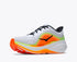 hoka clifton pro mens, responsive soft cushioned daily running shoe for faster paces, white shoe with neon orange and yellow details and black hoka logo, inside profile angle of shoe