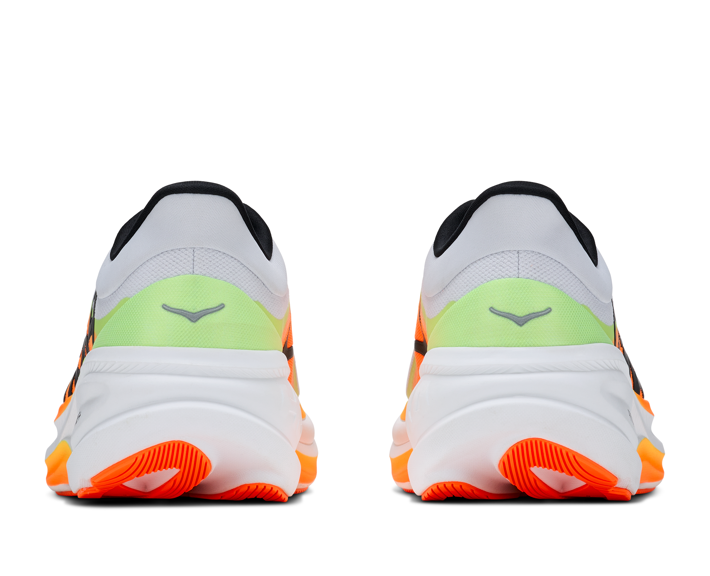 hoka clifton pro mens, responsive soft cushioned daily running shoe for faster paces, white shoe with neon orange and yellow details and black hoka logo, heels of shoes