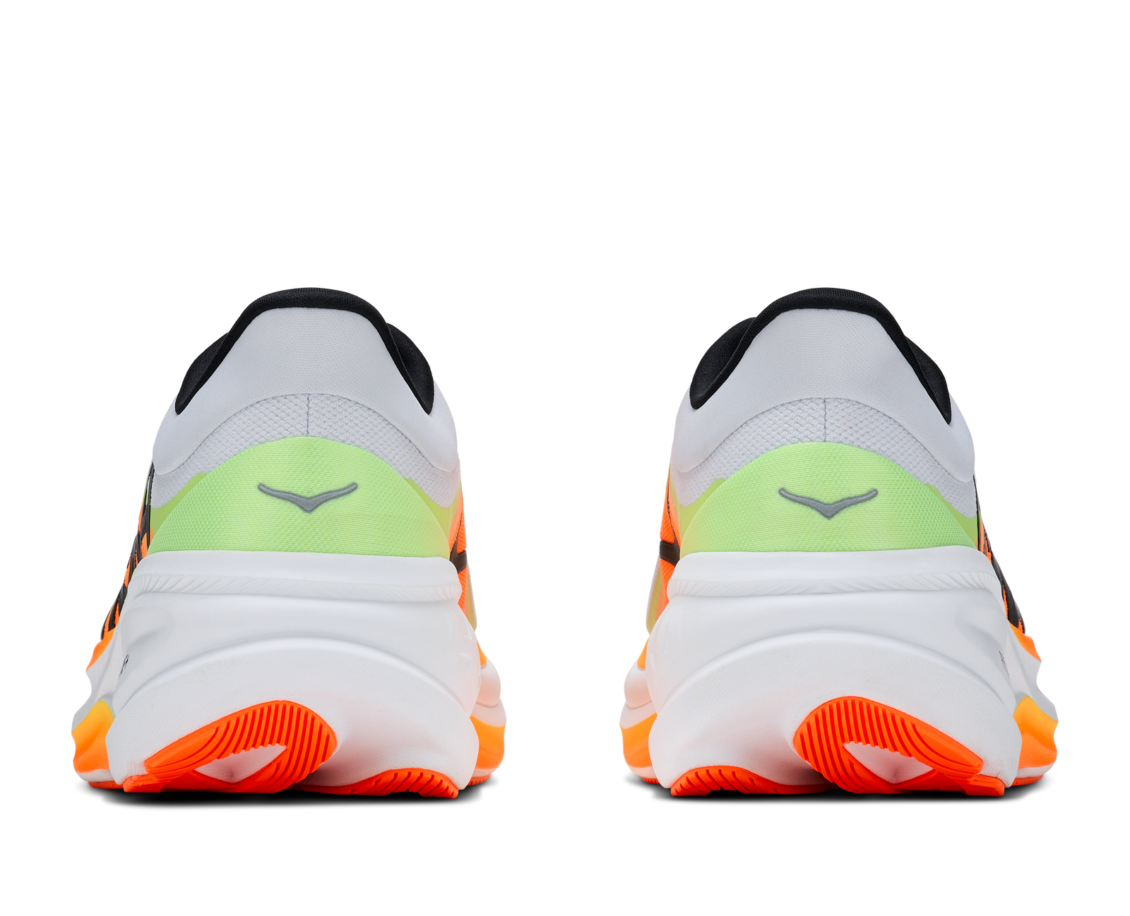hoka clifton pro mens, responsive soft cushioned daily running shoe for faster paces, white shoe with neon orange and yellow details and black hoka logo, heels of shoes