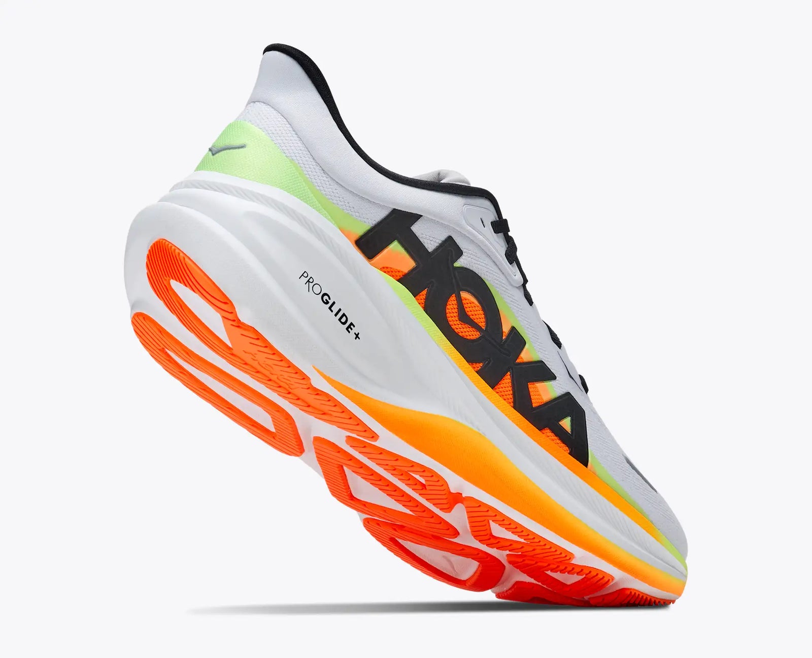 hoka clifton pro mens, responsive soft cushioned daily running shoe for faster paces, white shoe with neon orange and yellow details and black hoka logo, lifted heel of shoe showing orange and white sole