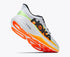 hoka clifton pro mens, responsive soft cushioned daily running shoe for faster paces, white shoe with neon orange and yellow details and black hoka logo, lifted heel of shoe showing orange and white sole