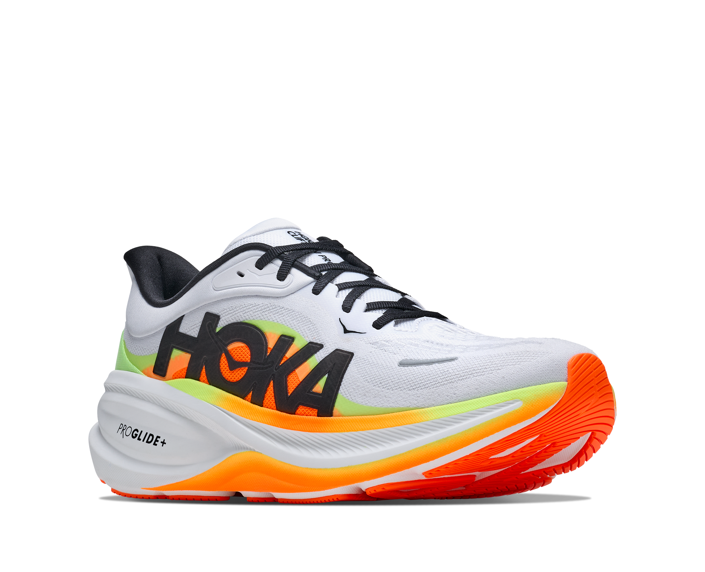 hoka clifton pro mens, responsive soft cushioned daily running shoe for faster paces, white shoe with neon orange and yellow details and black hoka logo, side angle of shoes