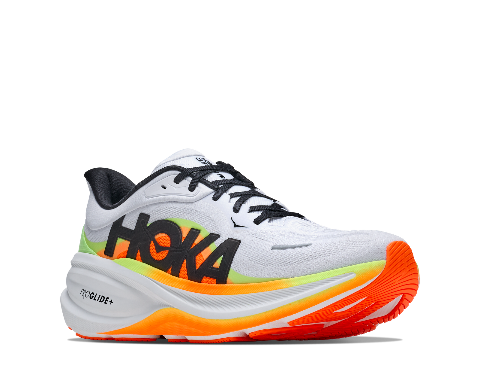 hoka clifton pro mens, responsive soft cushioned daily running shoe for faster paces, white shoe with neon orange and yellow details and black hoka logo, side angle of shoes