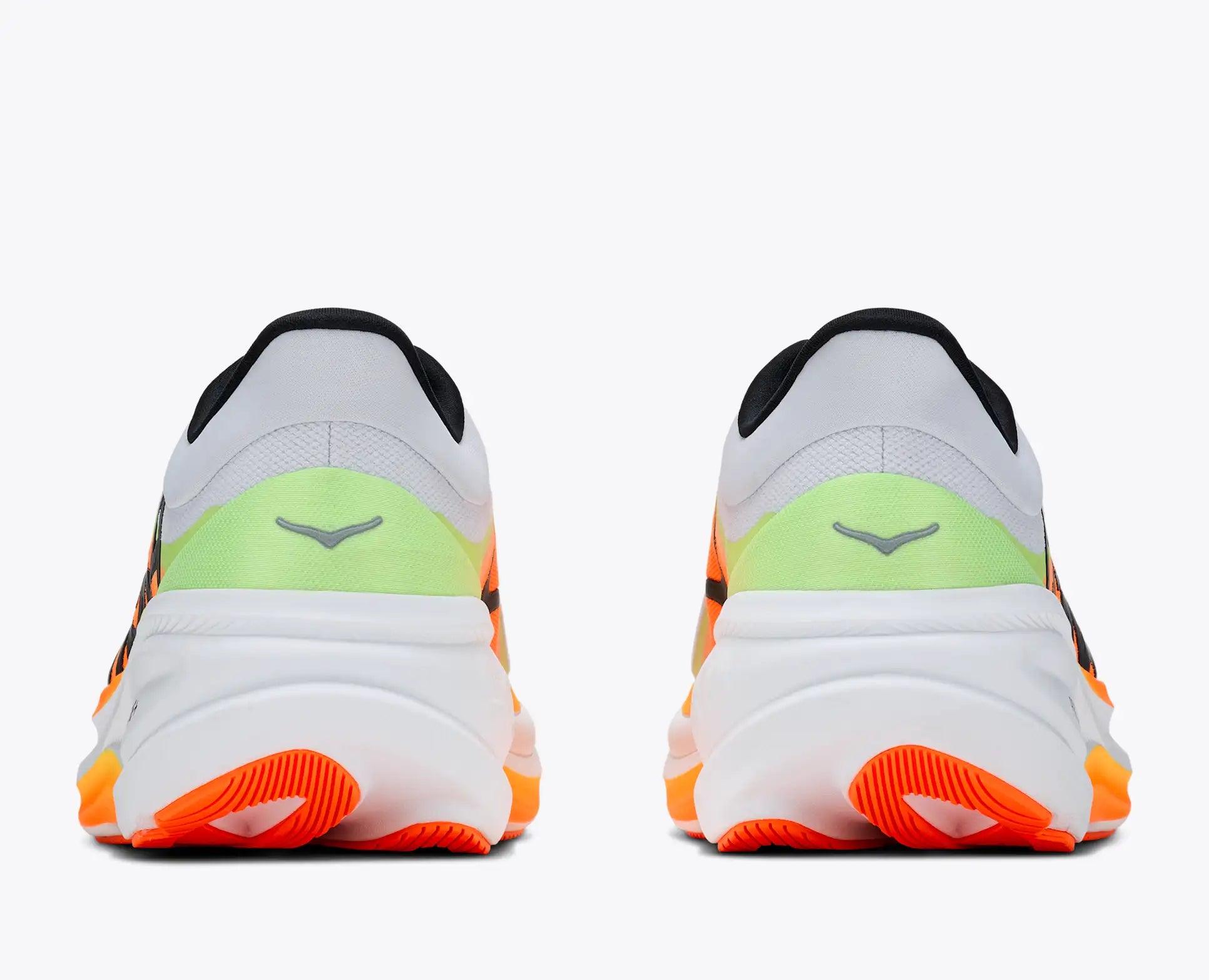 hoka clifton pro mens, responsive soft cushioned daily running shoe for faster paces, white shoe with neon orange and yellow details and black hoka logo, heel of shoes